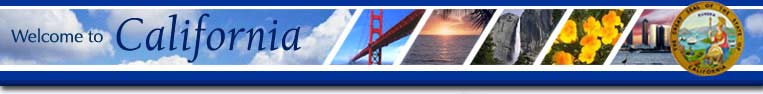 Welcome to California - images of the Golden Gate Bridge,\
	  ocean sunset, Yosemite Falls, poppy flowers, San Diego \
	  skyline, and state seal